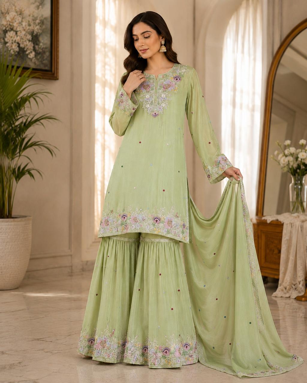 Mint Green Floral Embroidered Sharara Set