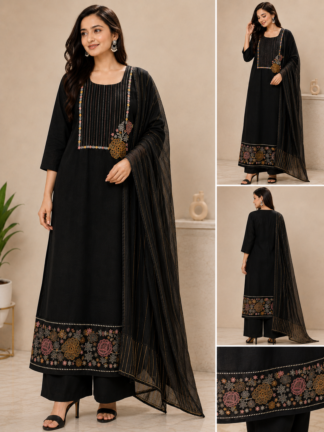Black Embroidered Kurta Set with Plain Palazzo & Dupatta