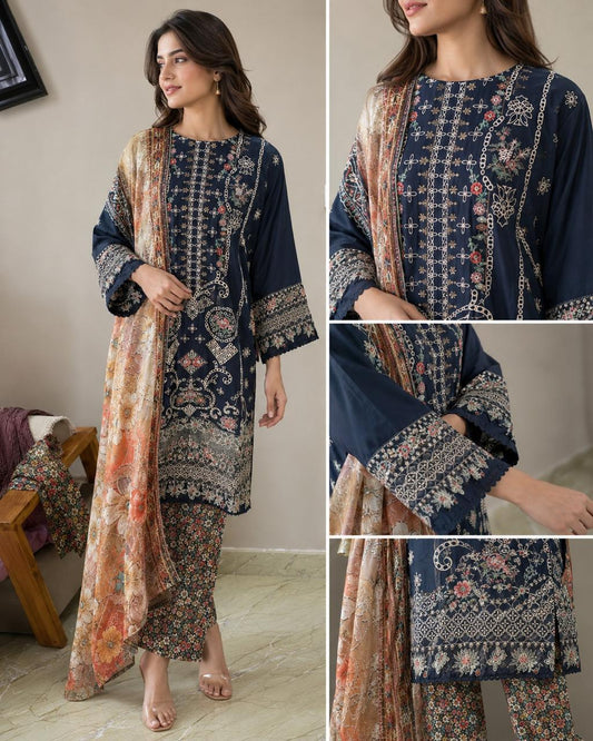 Navy Blue Printed Kurta Set with Dupatta