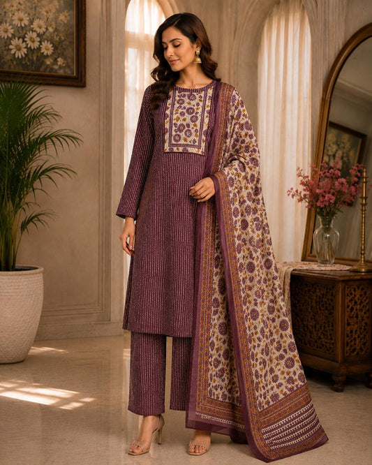 Plum Printed Embroidered Straight Kurta Set