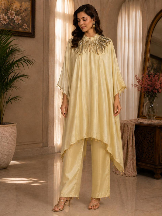Ivory Gold Embroidered Kaftan Set