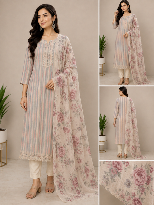 Pastel Printed Straight Kurta with Lace Detailing & Floral Dupatta