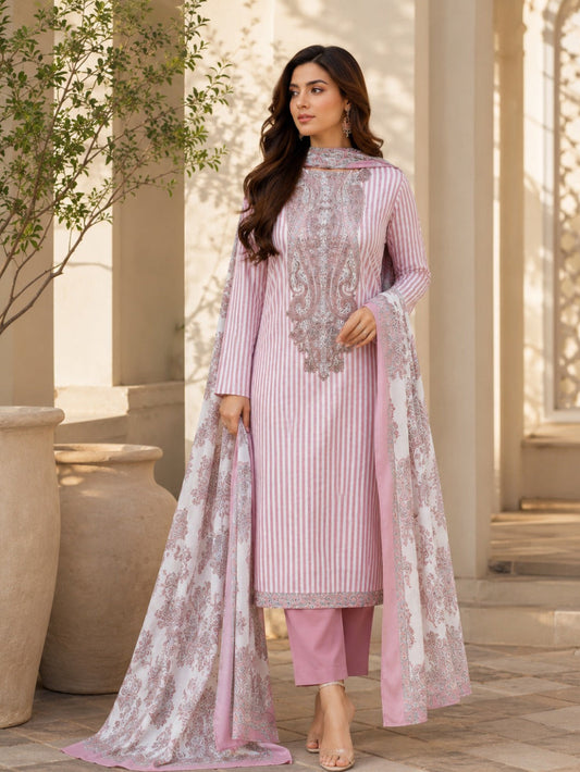 Pink Striped Embroidered Suit Set with Printed Dupatta