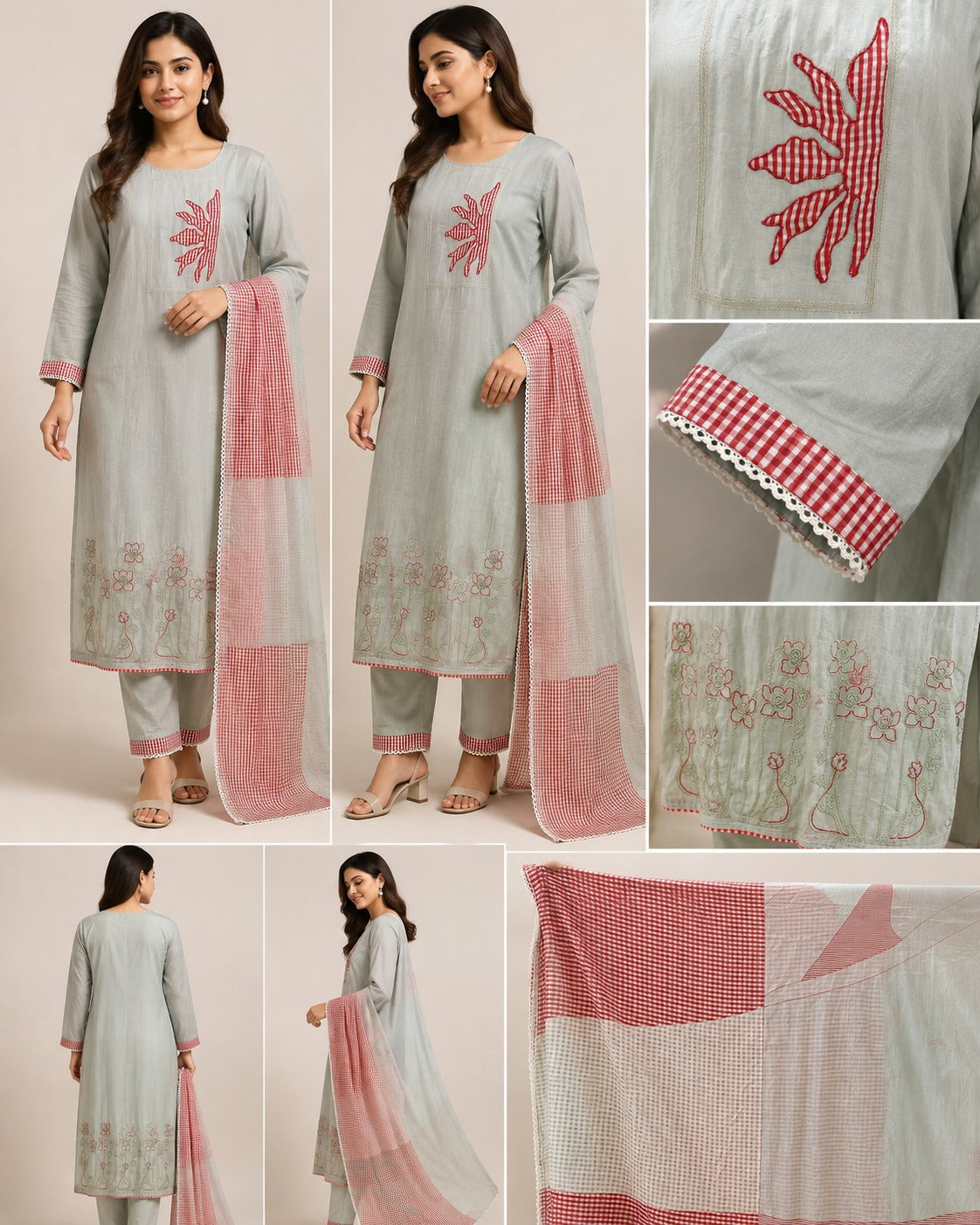 Grey Embroidered Kurta Set with Red Checked Dupatta