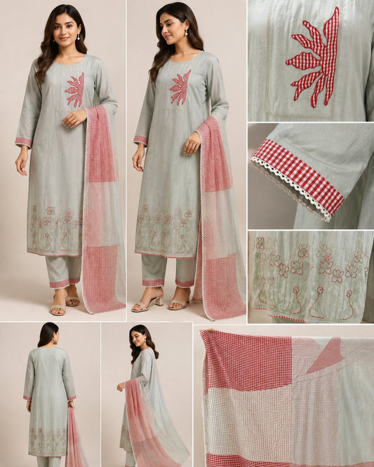 Grey Embroidered Kurta Set with Red Checked Dupatta