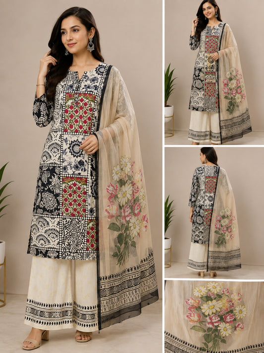 Ivory Patchwork Floral Printed Kurta Set with Dupatta