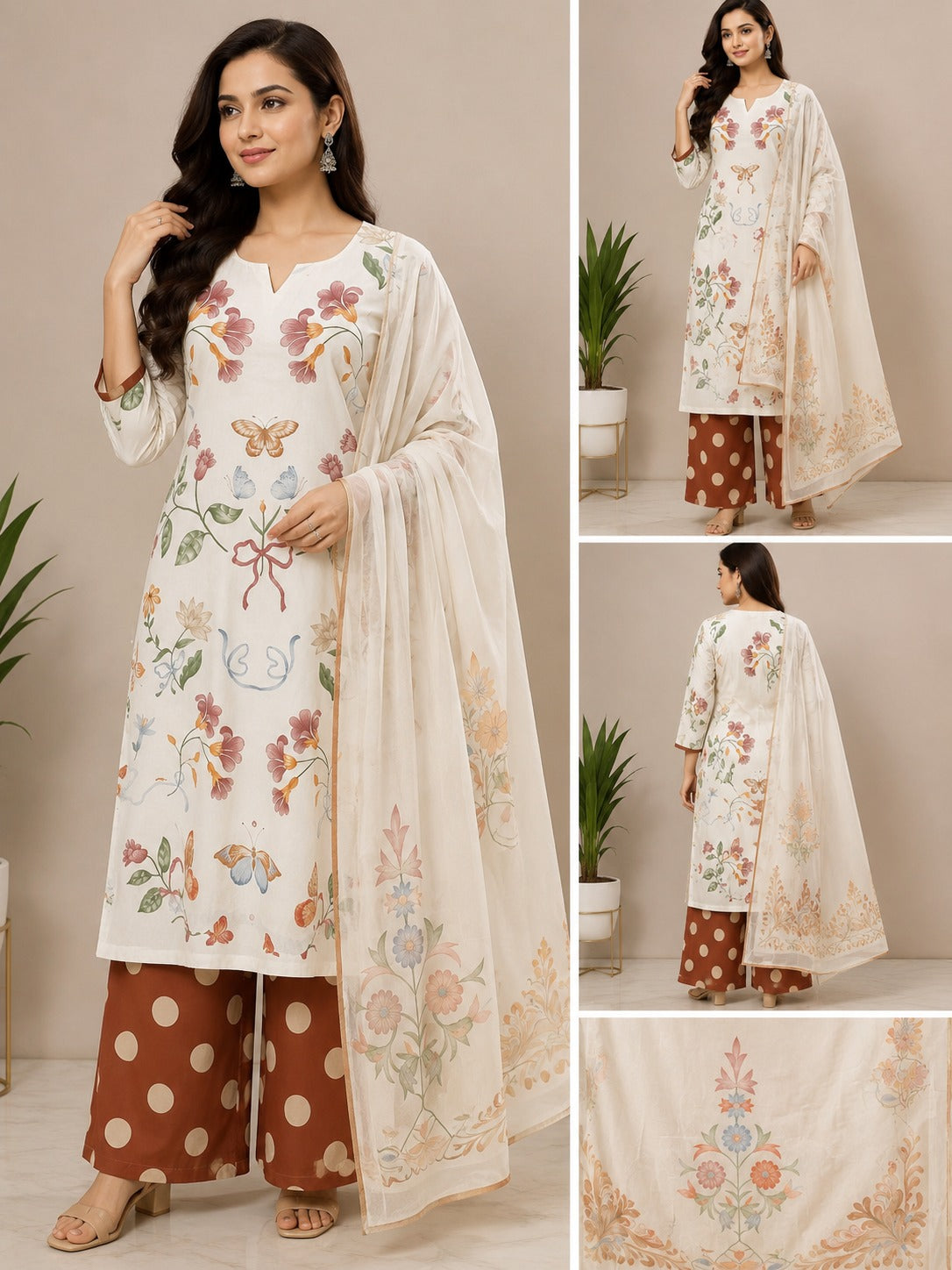 Printed Kurta Set with Rust Polka Dot Palazzo & Dupatta