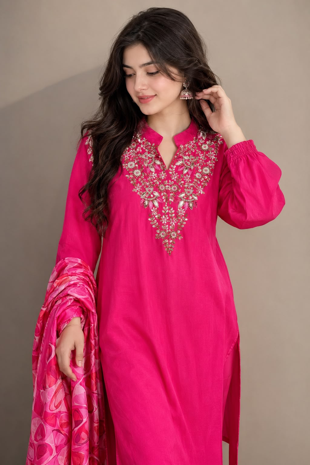 Hot Pink Embroidered Kurta Set with Printed Dupatta