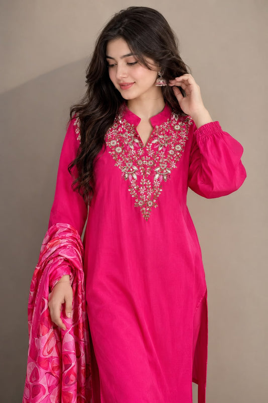 Hot Pink Embroidered Kurta Set with Printed Dupatta