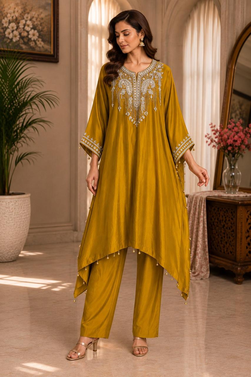 Mustard Gold Embroidered Asymmetric Kurta Set